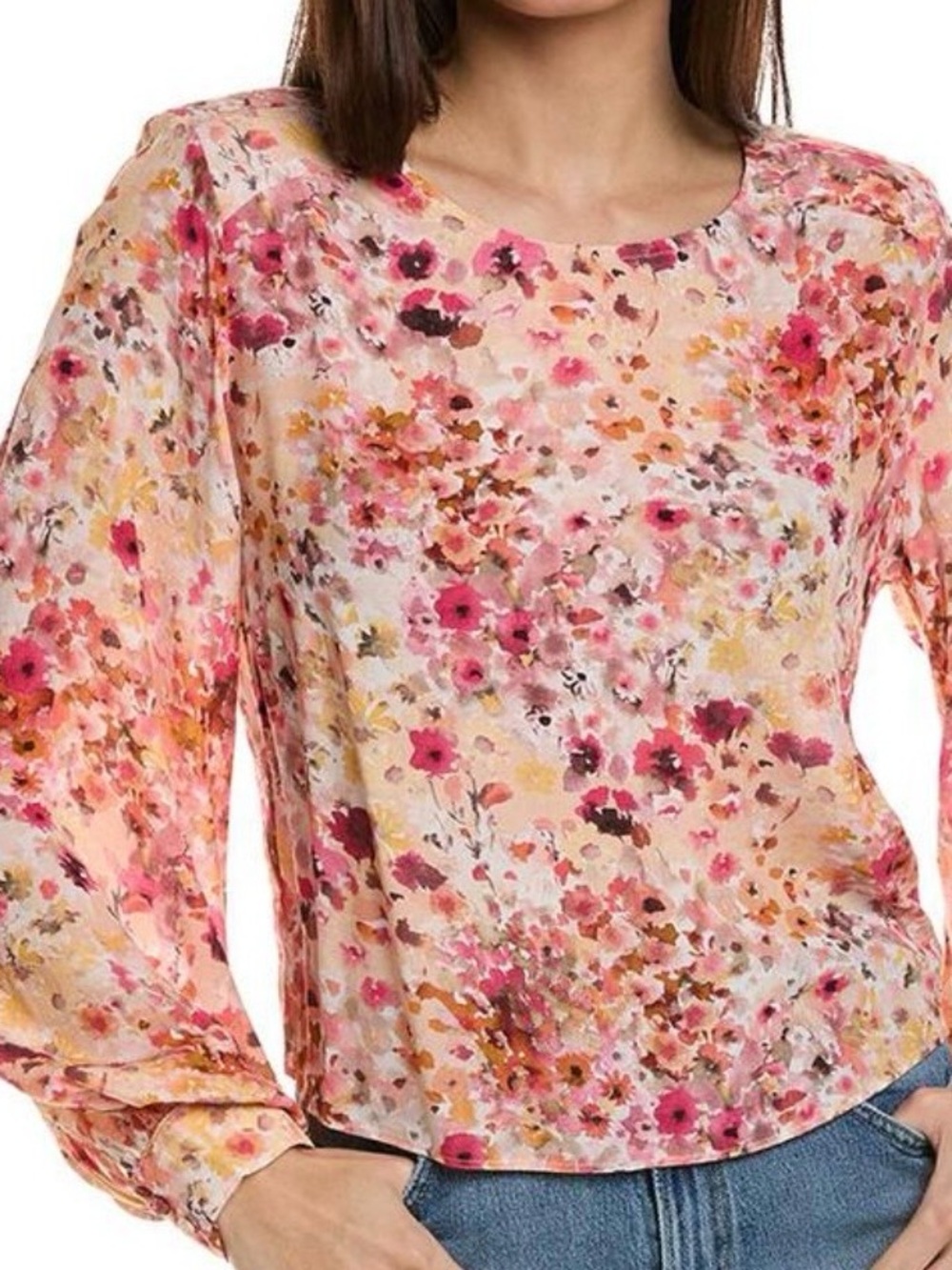 Anthropology Favorite Daughter ‘The Faye Blouse in Pink floral and cream.